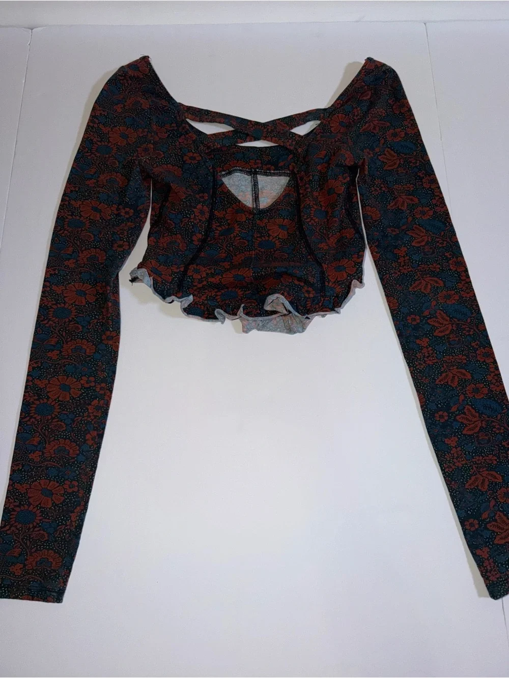 Free People Floral Long-Sleeve Crop Top in Teal and Rust